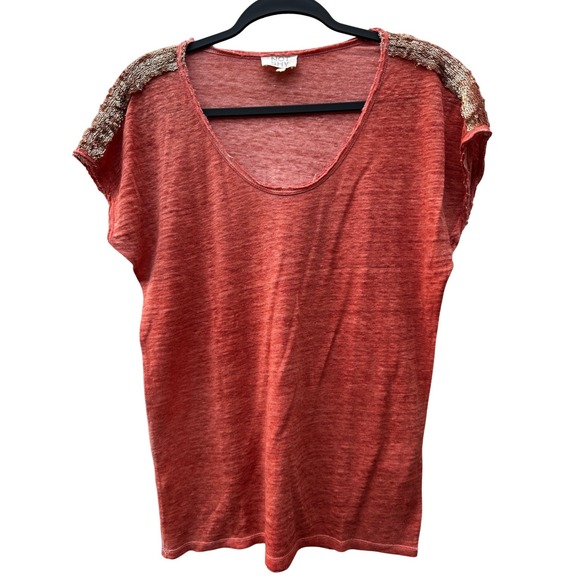 Not Shy Tops - Not Shy Paris Linen Sequin Shoulder Top Short Sleeve Small Lagenlook